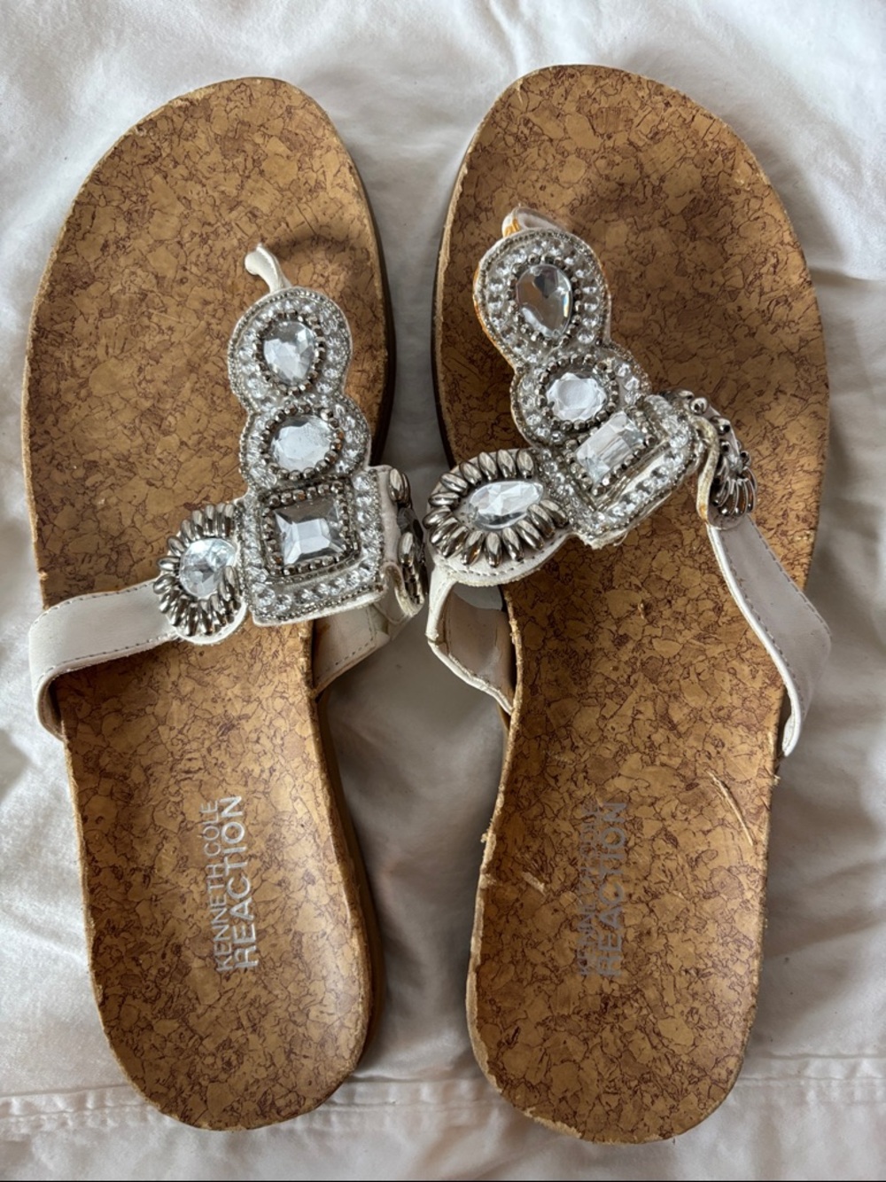 Kenneth Cole Reaction White Jeweled Cork-Style Thong Sandals